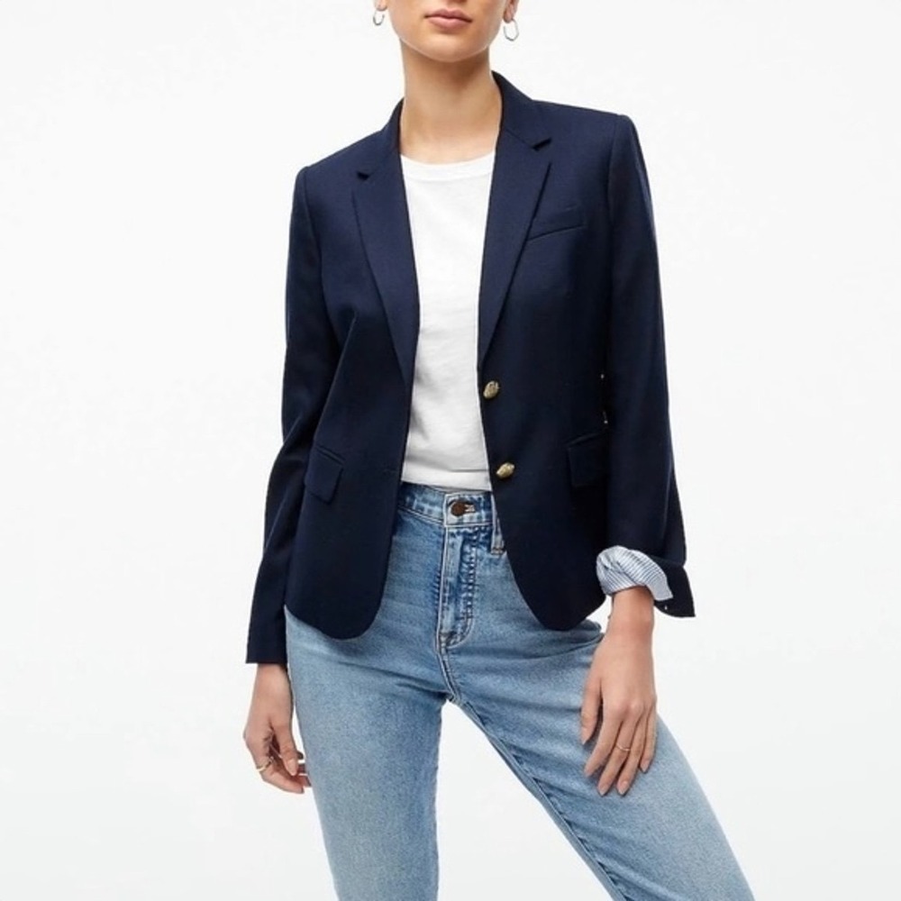 J.Crew Schoolboy Blazer Navy Blue Wool Blend Gold Crest Button Jacket 0 RN77388